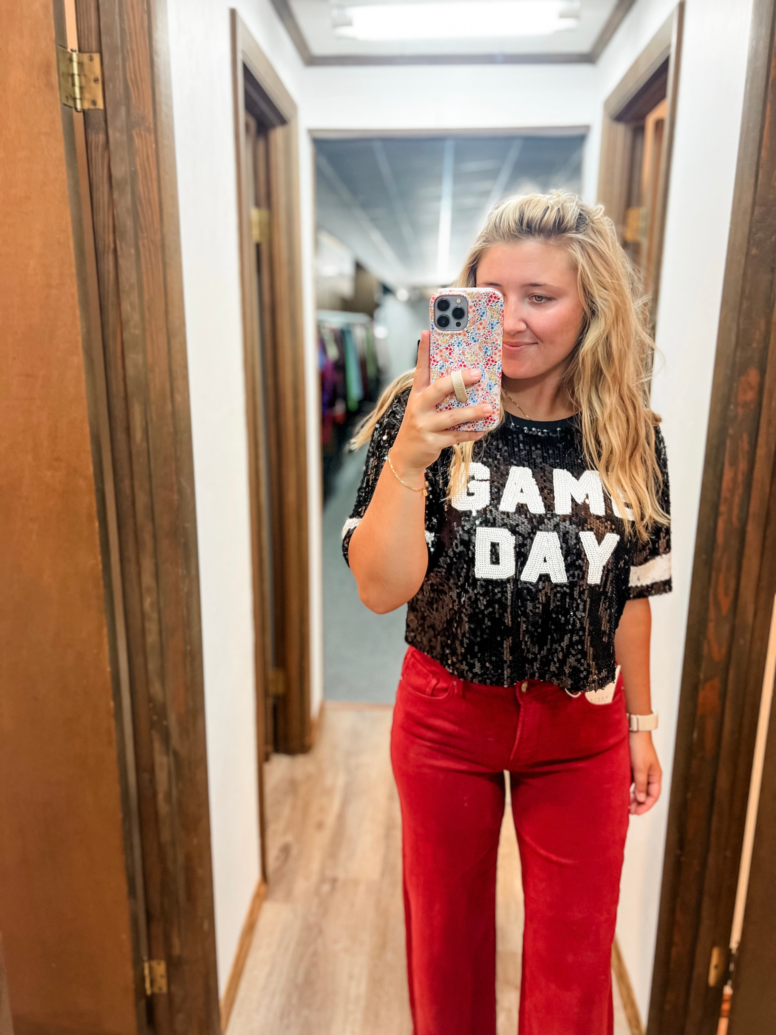 Black Game Day Sequin Crop Top