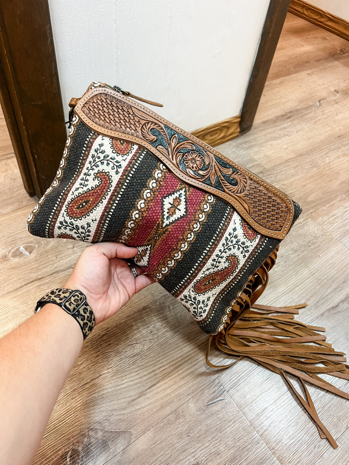 Myra Mojave Paisley Fringed Hand-Tooled Wristlet
