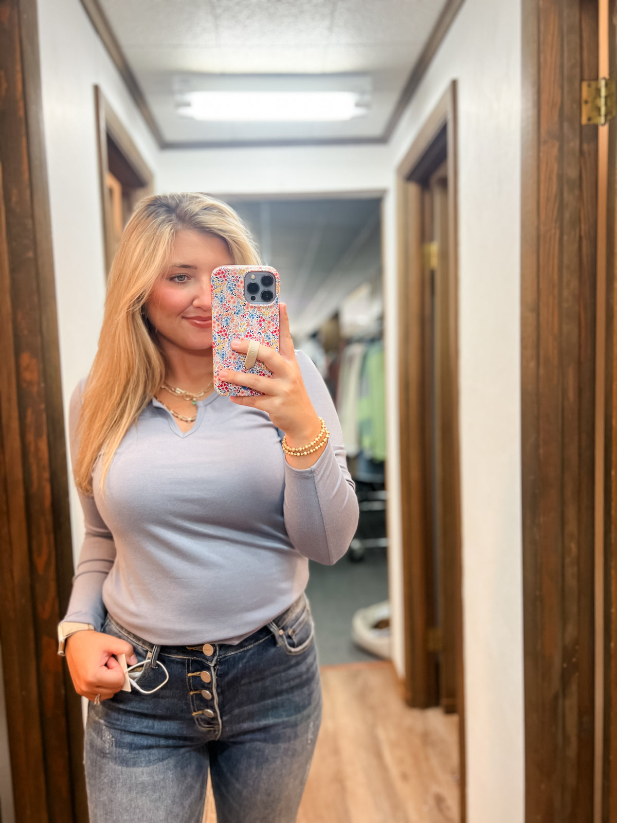 Vintage Blue V Neck Long Sleeve